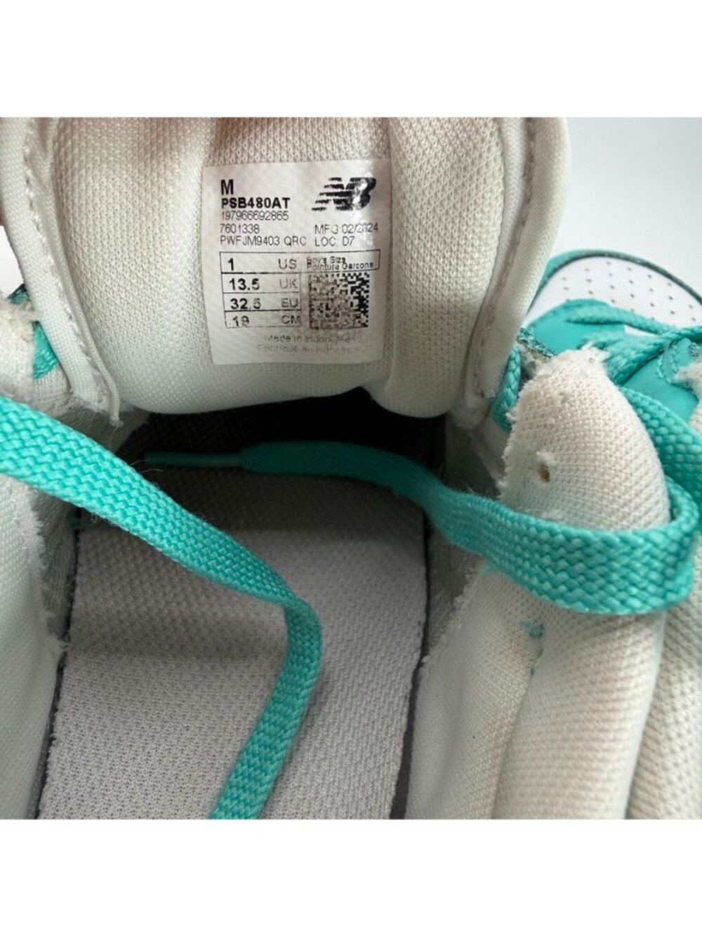 New Balance 480 Kids Sneakers Teal & White Size 1 US Lace-Up Cushioned Sole - Picture 6 of 8